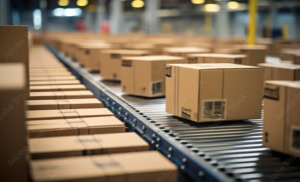 Mehrere Kartons auf einem Förderband in einem Lager.