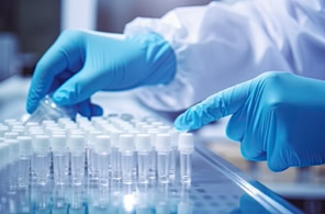 Person in einem Labor, die blaue Handschuhe trägt und mit mehreren Reagenzgläsern arbeitet.