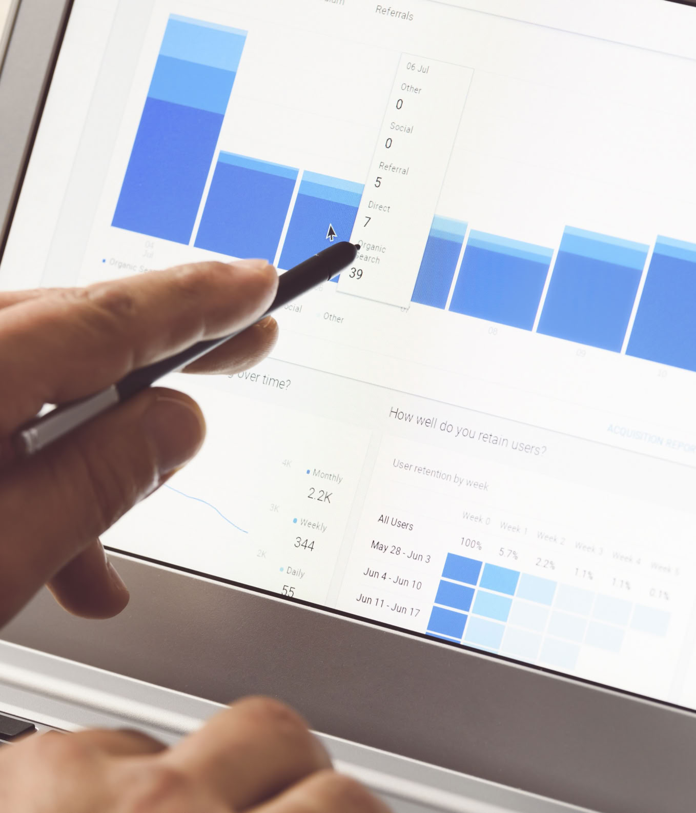 Hand zeigt mit einem Stift auf ein Laptop-Display mit blauen Balkendiagrammen und Kreisdiagrammen.