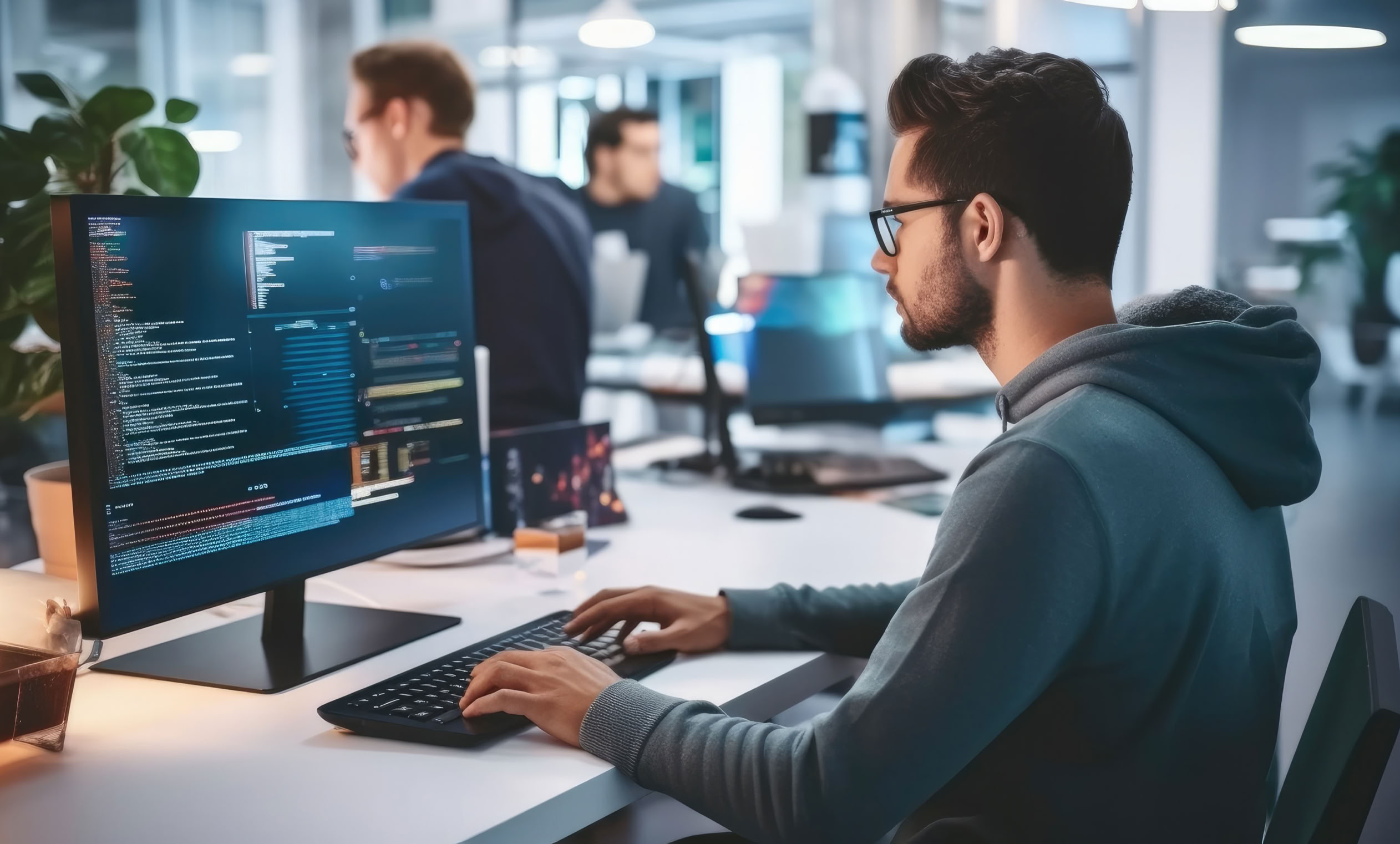 Ein Mann sitzt an einem Schreibtisch und arbeitet an einem Computer mit zwei Monitoren, auf denen Code angezeigt wird. Im Hintergrund sind weitere Personen in einem Büro zu sehen.