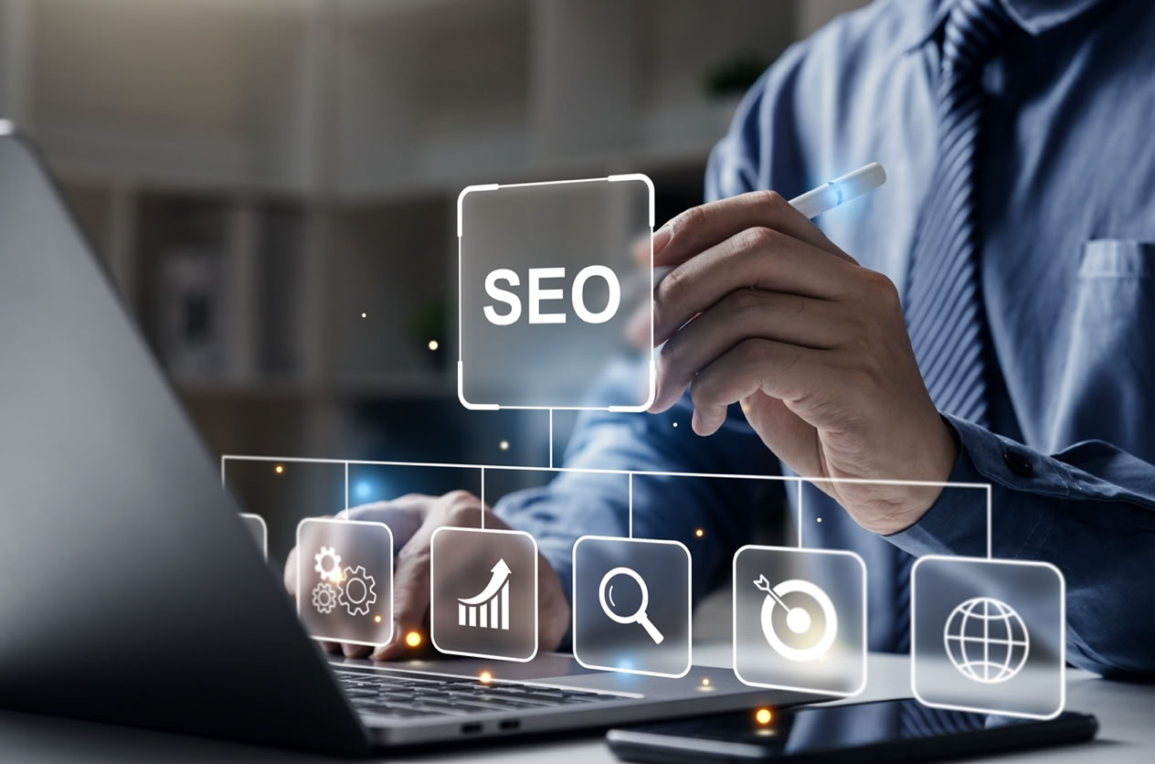 Person in Hemd arbeitet an einem Laptop mit schwebenden Symbolen für SEO, Diagramm, Lupe und Globus.