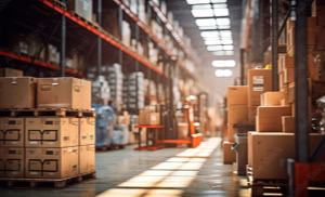 Ein Lagerhaus mit hohen Regalen voller Kartons und Kisten, beleuchtet durch einfallendes Sonnenlicht.