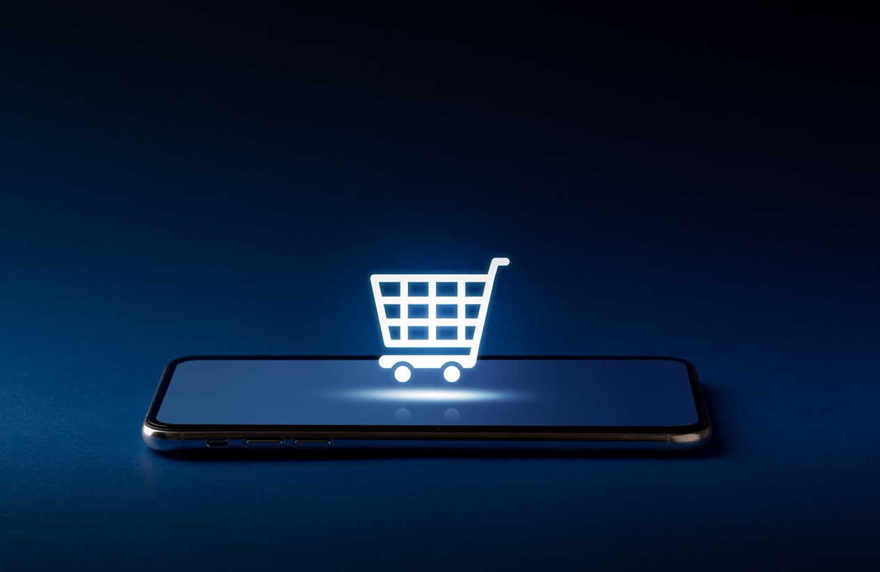 Smartphone mit leuchtendem Einkaufswagensymbol auf dem Bildschirm, dunkler Hintergrund.