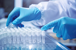 Person in einem Labor, die blaue Handschuhe trägt und mit Reagenzgläsern arbeitet.